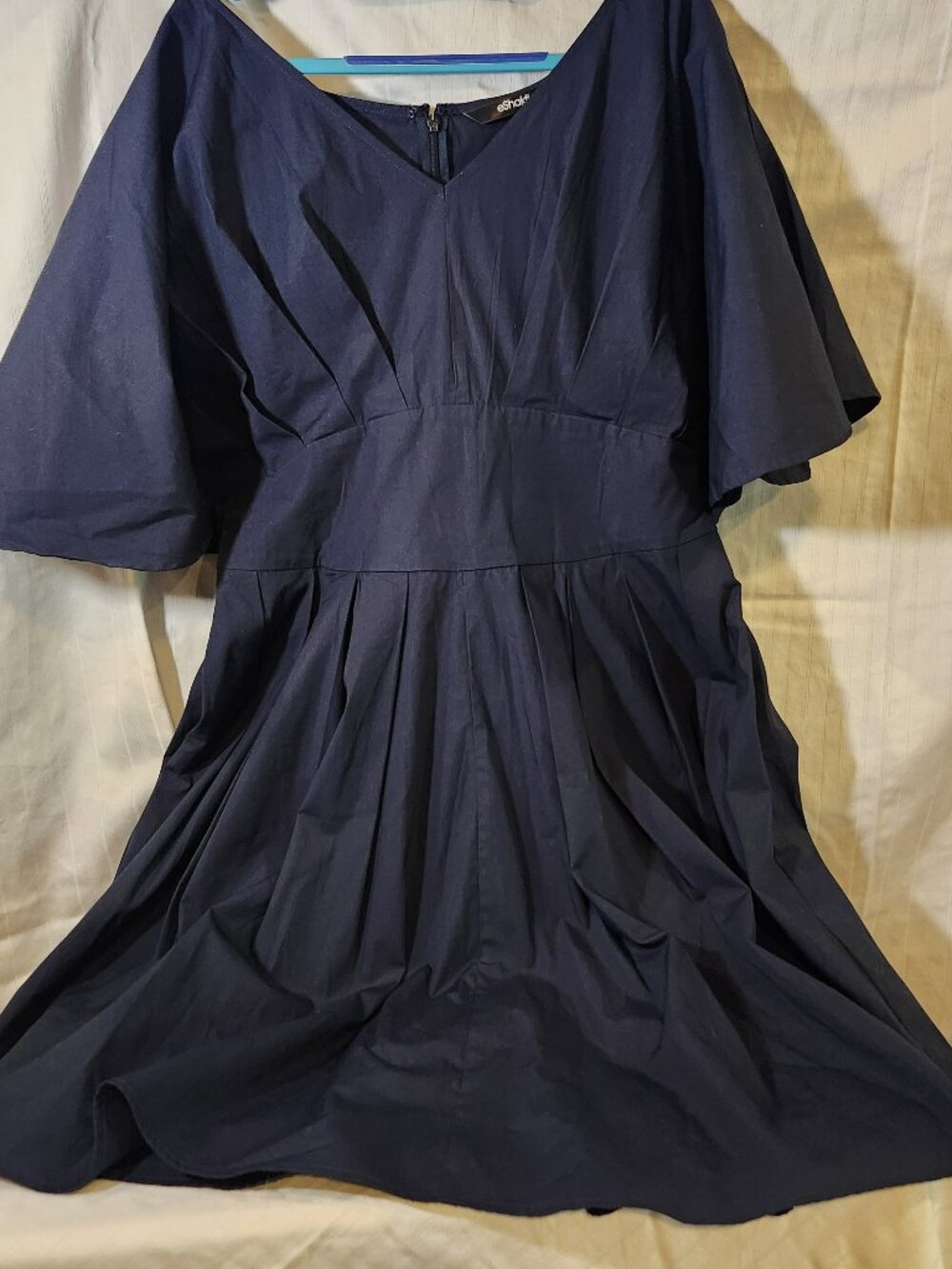 eShakti Navy Blue Cotton Poplin Pleated Flutter Sleeve Fit & Flare Dress 10/12